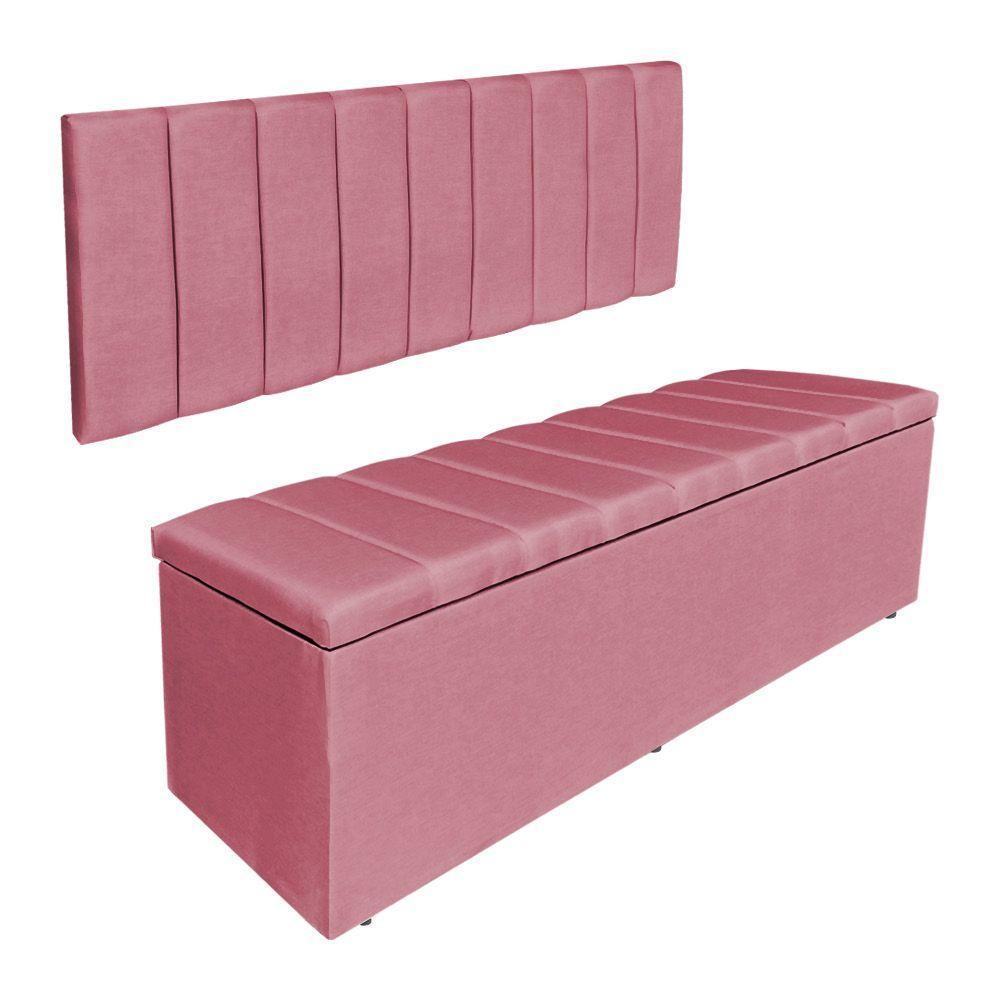 Kit Cabeceira Painel E Calçadeira Baú Casal King 1,95m Londres Suede Rosa Dal Poz Estofados - 1