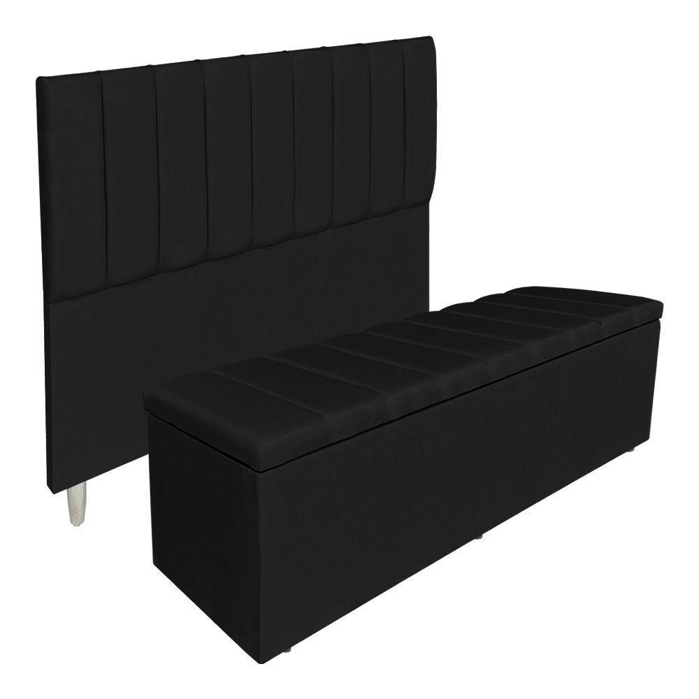 Kit Cabeceira E Calçadeira Baú Casal 1,40m Londres Suede Preto Dal Poz Estofados - 1