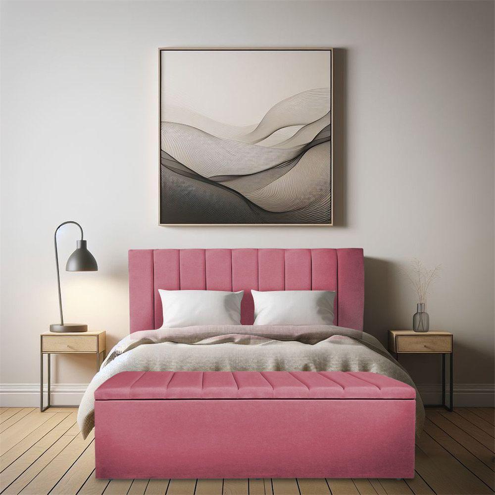 Kit Cabeceira E Calçadeira Baú Casal 1,40m Londres Suede Rosa Dal Poz Estofados - 2