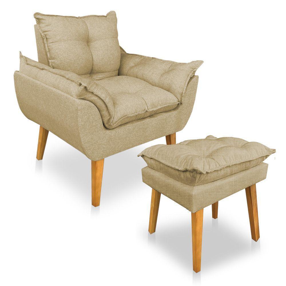 Kit Poltrona Decorativa E Puff Opala Luxo Linho Dourado Sky Mobile - 1