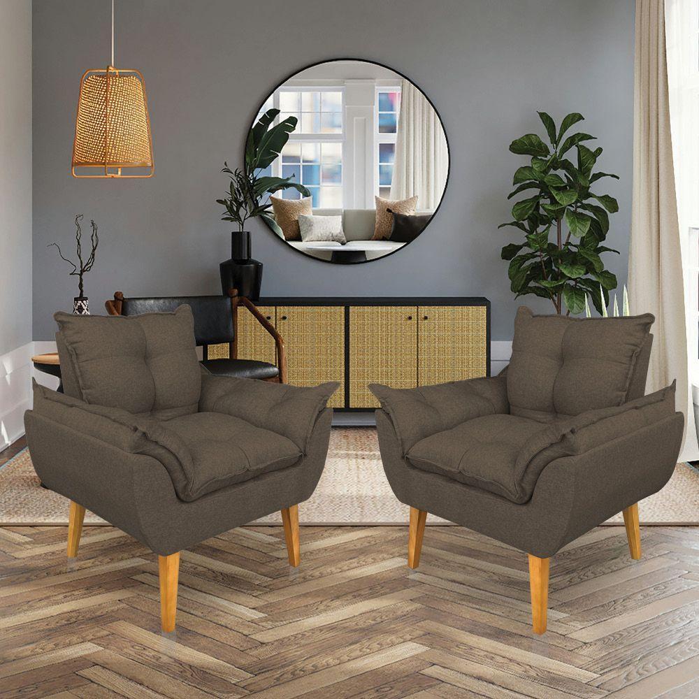 Kit 2 Poltronas Decorativa E Puff Opala Luxo Linho Marrom Sky Mobile - 2