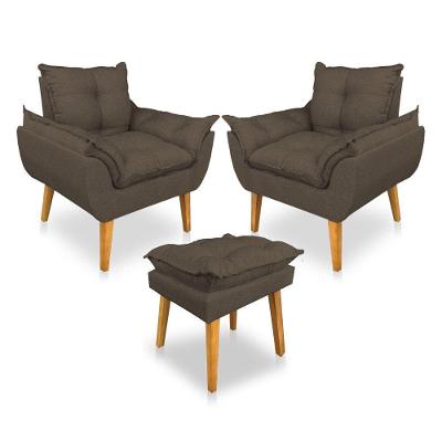 Kit 2 Poltronas Decorativa E Puff Opala Luxo Linho Marrom Sky Mobile