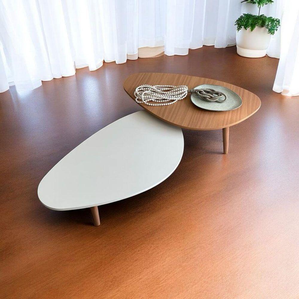 Kit 2 Mesas De Centro Orgânicas Pés Palito Em Madeira Cor Branco E Mel - 4