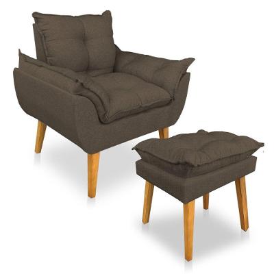Kit Poltrona Decorativa E Puff Opala Luxo Linho Marrom Sky Mobile