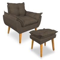 Kit Poltrona Decorativa E Puff Opala Luxo Linho Marrom Sky Mobile - 1