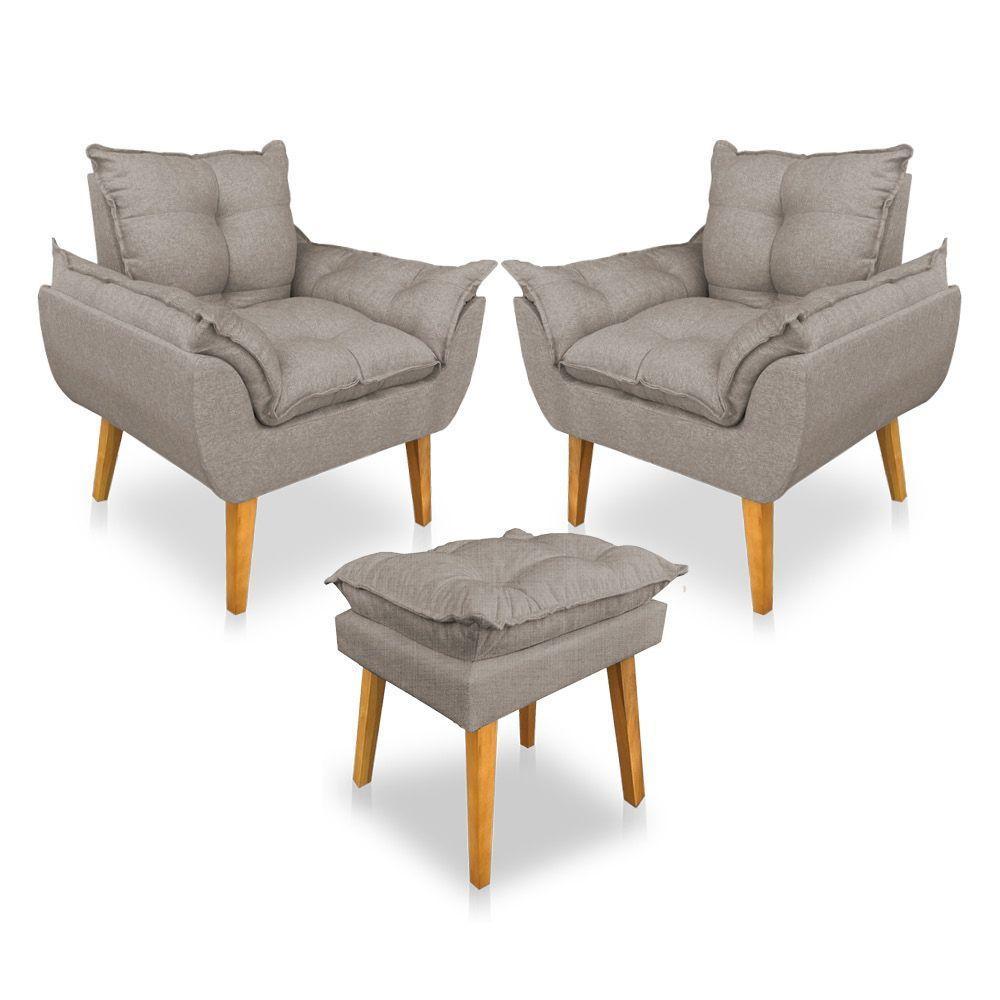 Kit 2 Poltronas Decorativa E Puff Opala Luxo Linho Cappuccino Sky Mobile - 1