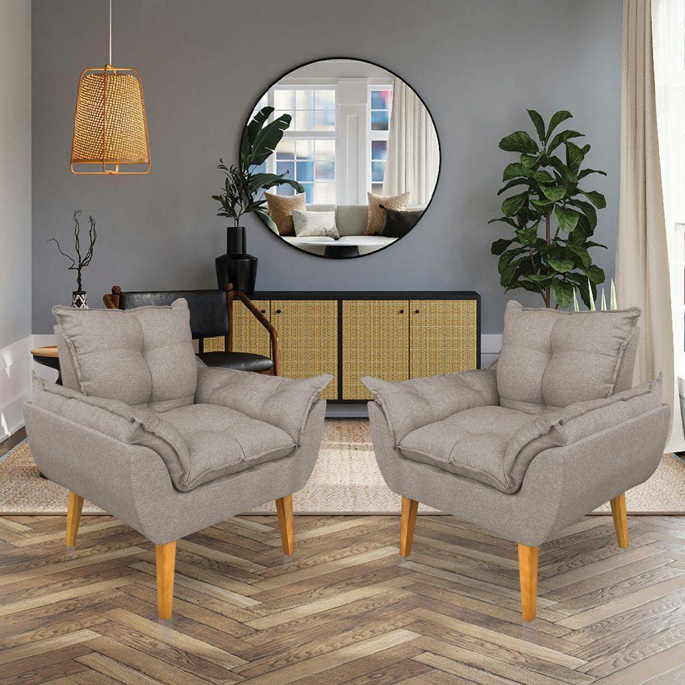 Kit 2 Poltronas Decorativa E Puff Opala Luxo Linho Cappuccino Sky Mobile - 2