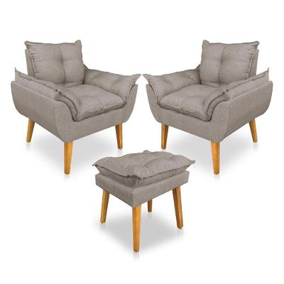 Kit 2 Poltronas Decorativa E Puff Opala Luxo Linho Cappuccino Sky Mobile