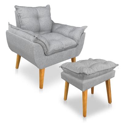 Kit Poltrona Decorativa E Puff Opala Luxo Linho Cinza Sky Mobile