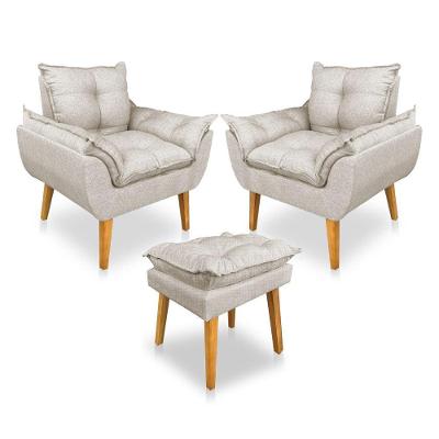 Kit 2 Poltronas Decorativa E Puff Opala Luxo Linho Bege Sky Mobile