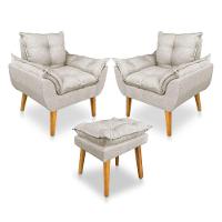 Kit 2 Poltronas Decorativa E Puff Opala Luxo Linho Bege Sky Mobile - 1