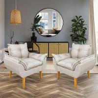 Kit 2 Poltronas Decorativa E Puff Opala Luxo Linho Bege Sky Mobile - 2