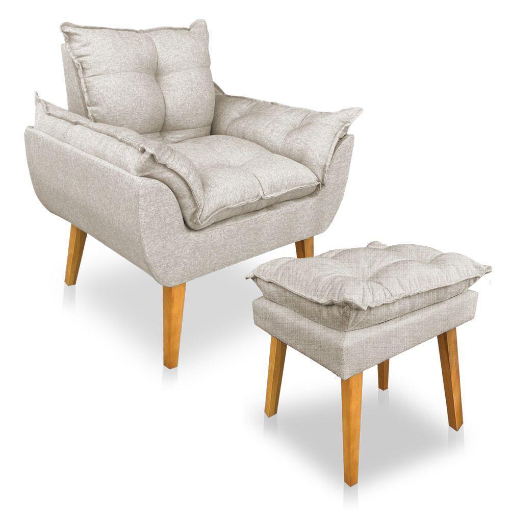 Kit Poltrona Decorativa E Puff Opala Luxo Linho Bege Sky Mobile - 1