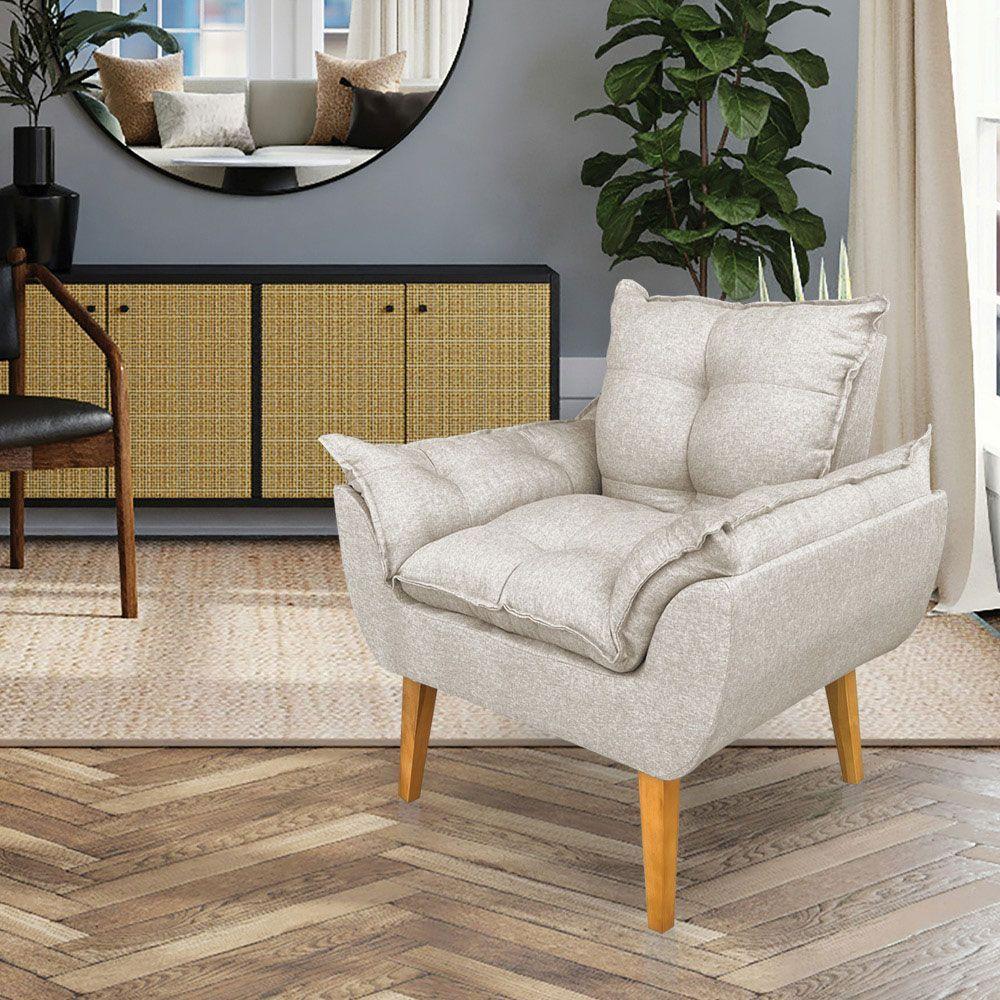 Kit Poltrona Decorativa E Puff Opala Luxo Linho Bege Sky Mobile - 2