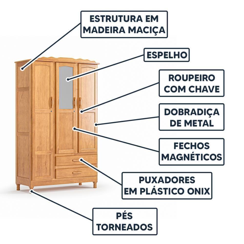 Guarda Roupa Rústico Suíça 3 Portas 2 Gavetas Com Espelho Repleta - 3