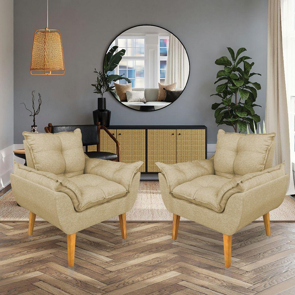 Kit 2 Poltronas Decorativa E Puff Opala Luxo Linho Dourado Sky Mobile - 2