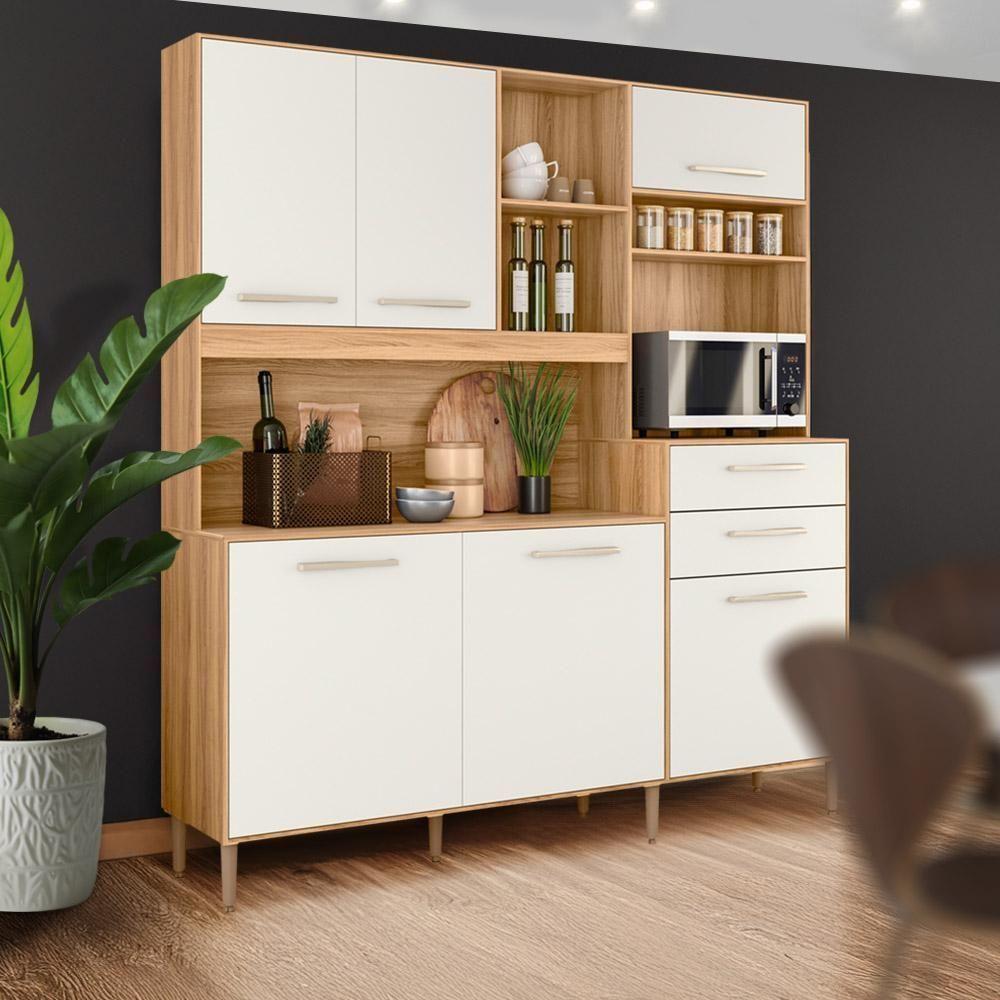 Armário Cozinha Compacta Completa 5 Portas 3 Gavetas Cristal Freijo-off White - 1