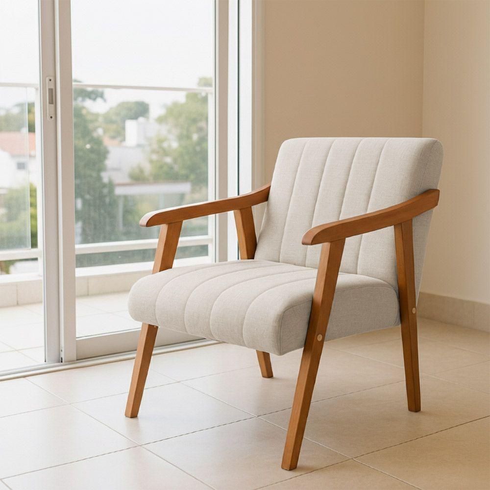 Poltrona Decorativa Com Braço Em Madeira Maciça Livia Linho Bege - 1