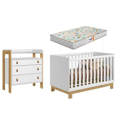 Berço Americano 4315 Q Encanto Slim E Cômoda 4410 Fantasia Branco Acetinado Com Colchão Gazin – Qmovi