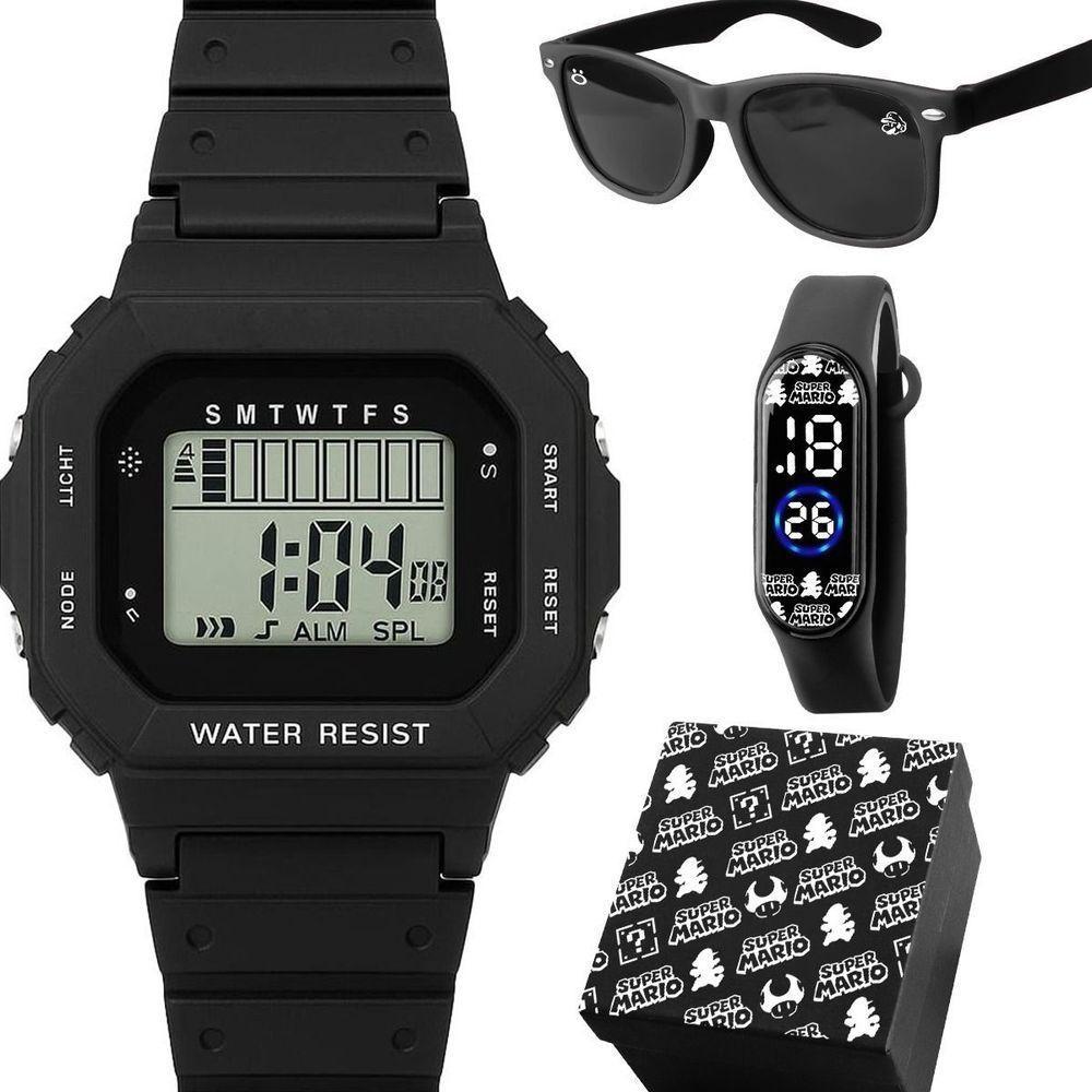 Relogio Infantil Digital Led Preto + Caixa Protecao Uv Silicone Acetato Pulseira Ajustavel Crianca - 1