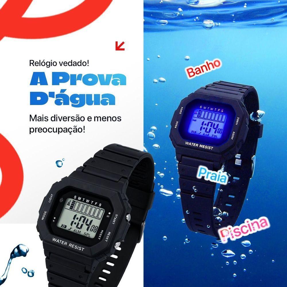 Relogio Infantil Digital Led Preto + Caixa Protecao Uv Silicone Acetato Pulseira Ajustavel Crianca - 3