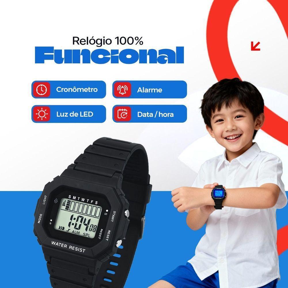 Relogio Infantil Digital Led Preto + Caixa Protecao Uv Silicone Acetato Pulseira Ajustavel Crianca - 4