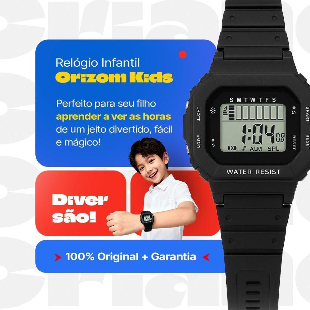 Relogio Infantil Digital Led Preto + Caixa Protecao Uv Silicone Acetato Pulseira Ajustavel Crianca - 5