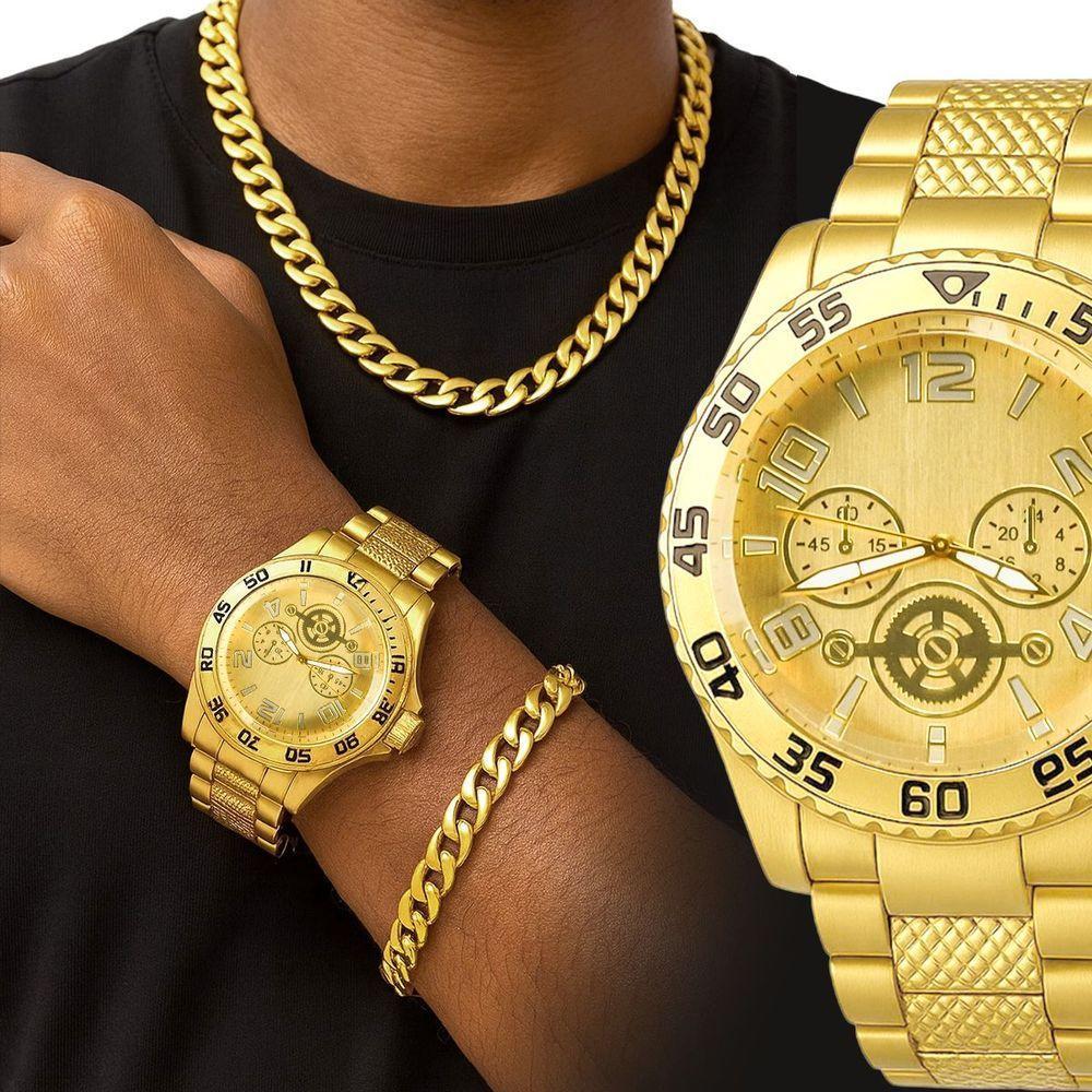 Relogio Banhado Masculino Aco + Pulseira + Corrente Grumet Social Analogico Original Dourado Cordao - 2