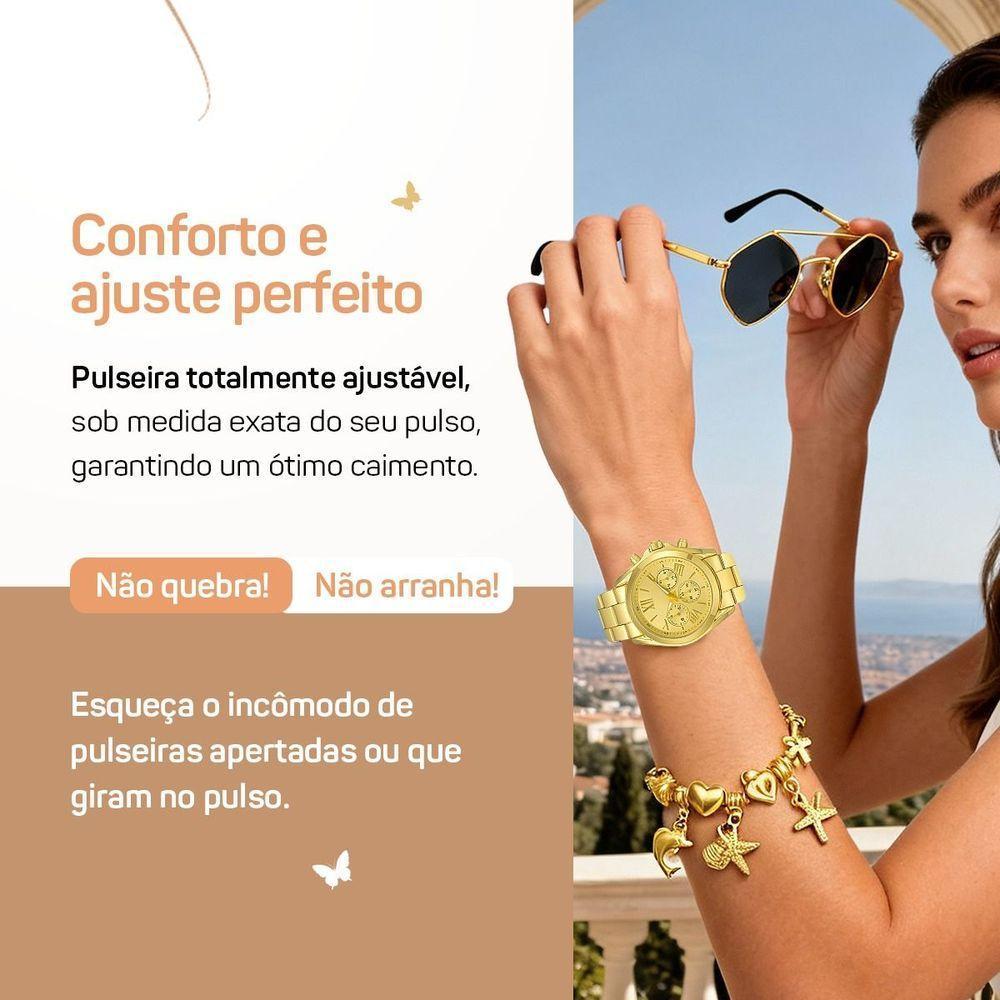 Relogio Dourado Inoxidavel Feminino + Pulseira Caixa Colar Casual Banhado Moda Pingente Losango Aco - 4