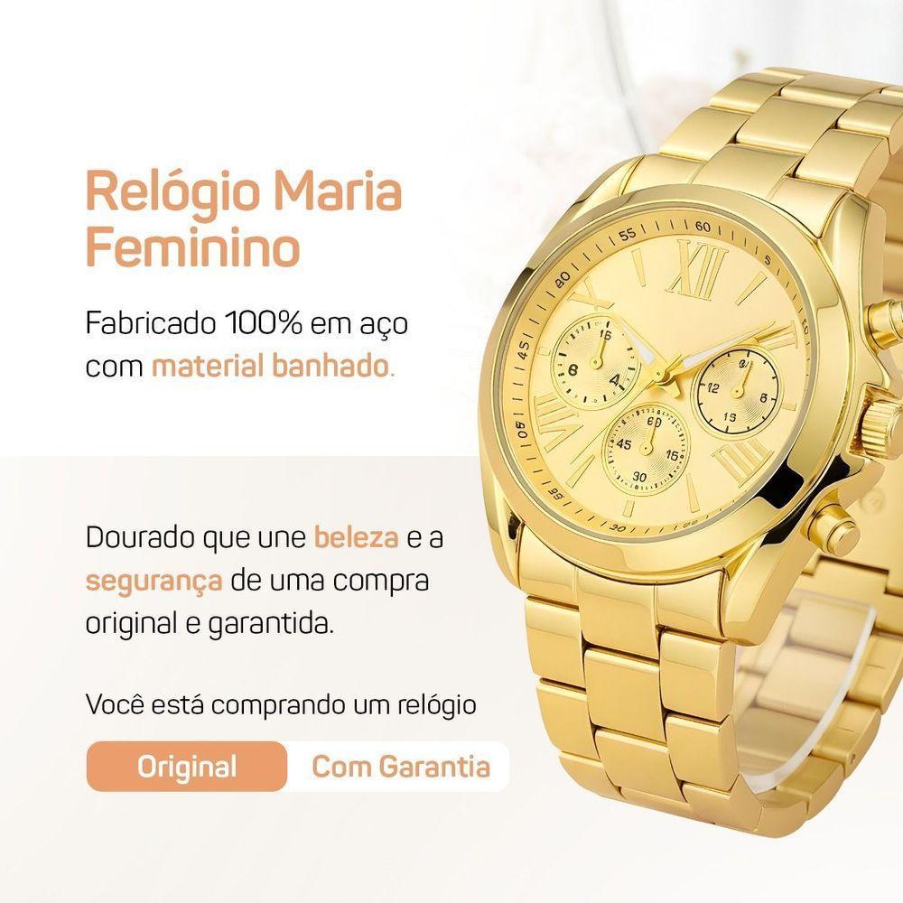 Relogio Dourado Inoxidavel Feminino + Pulseira Caixa Colar Casual Banhado Moda Pingente Losango Aco - 6