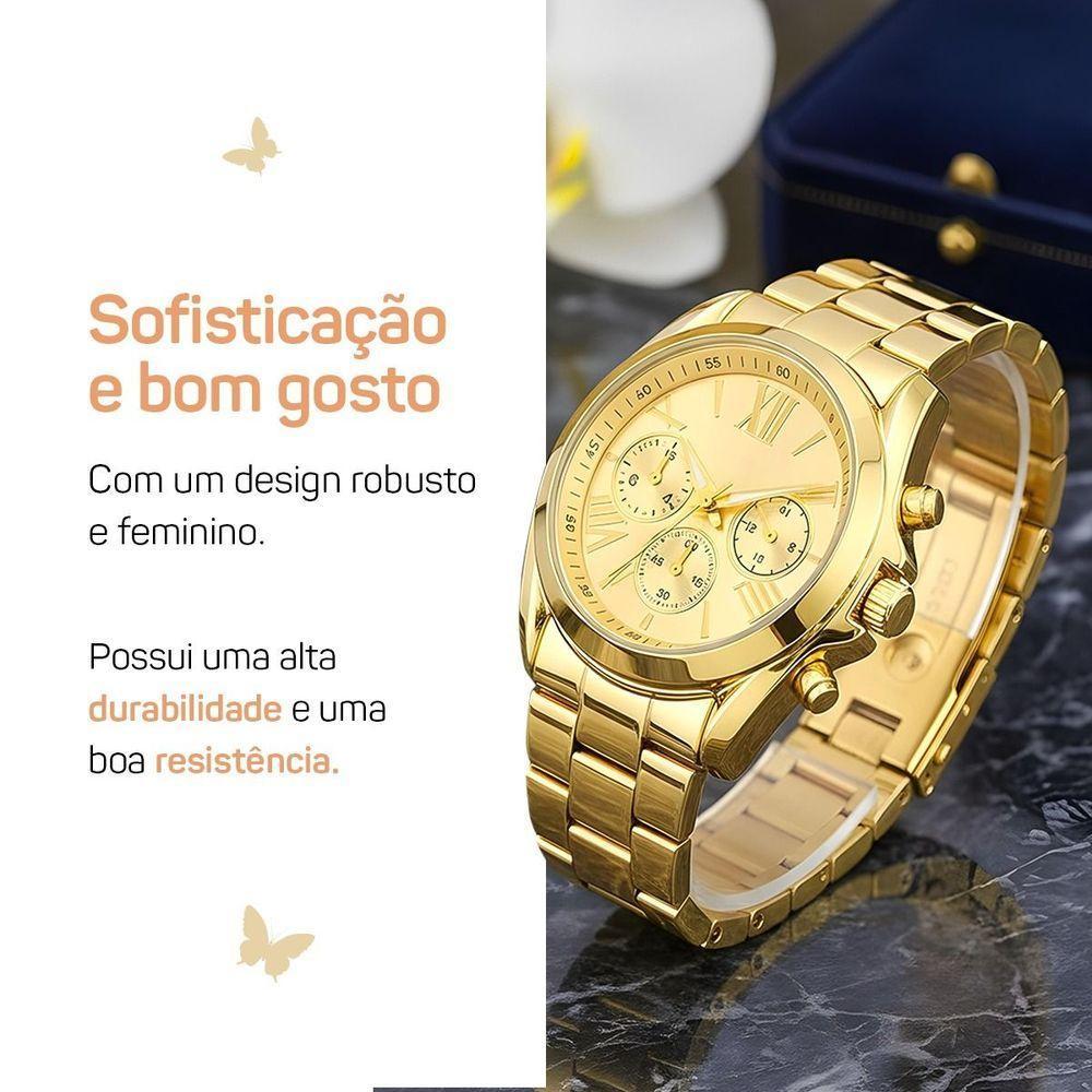 Relogio Dourado Inoxidavel Feminino + Pulseira Caixa Colar Casual Banhado Moda Pingente Losango Aco - 7