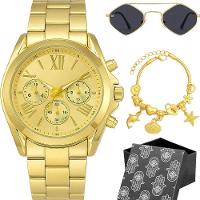 Relogio Dourado Inoxidavel Feminino + Pulseira Caixa Colar Casual Banhado Moda Pingente Losango Aco - 1