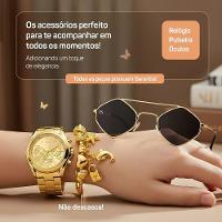 Relogio Dourado Inoxidavel Feminino + Pulseira Caixa Colar Casual Banhado Moda Pingente Losango Aco - 3