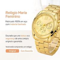 Relogio Dourado Inoxidavel Feminino + Pulseira Caixa Colar Casual Banhado Moda Pingente Losango Aco - 6