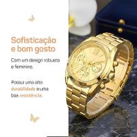 Relogio Dourado Inoxidavel Feminino + Pulseira Caixa Colar Casual Banhado Moda Pingente Losango Aco - 7