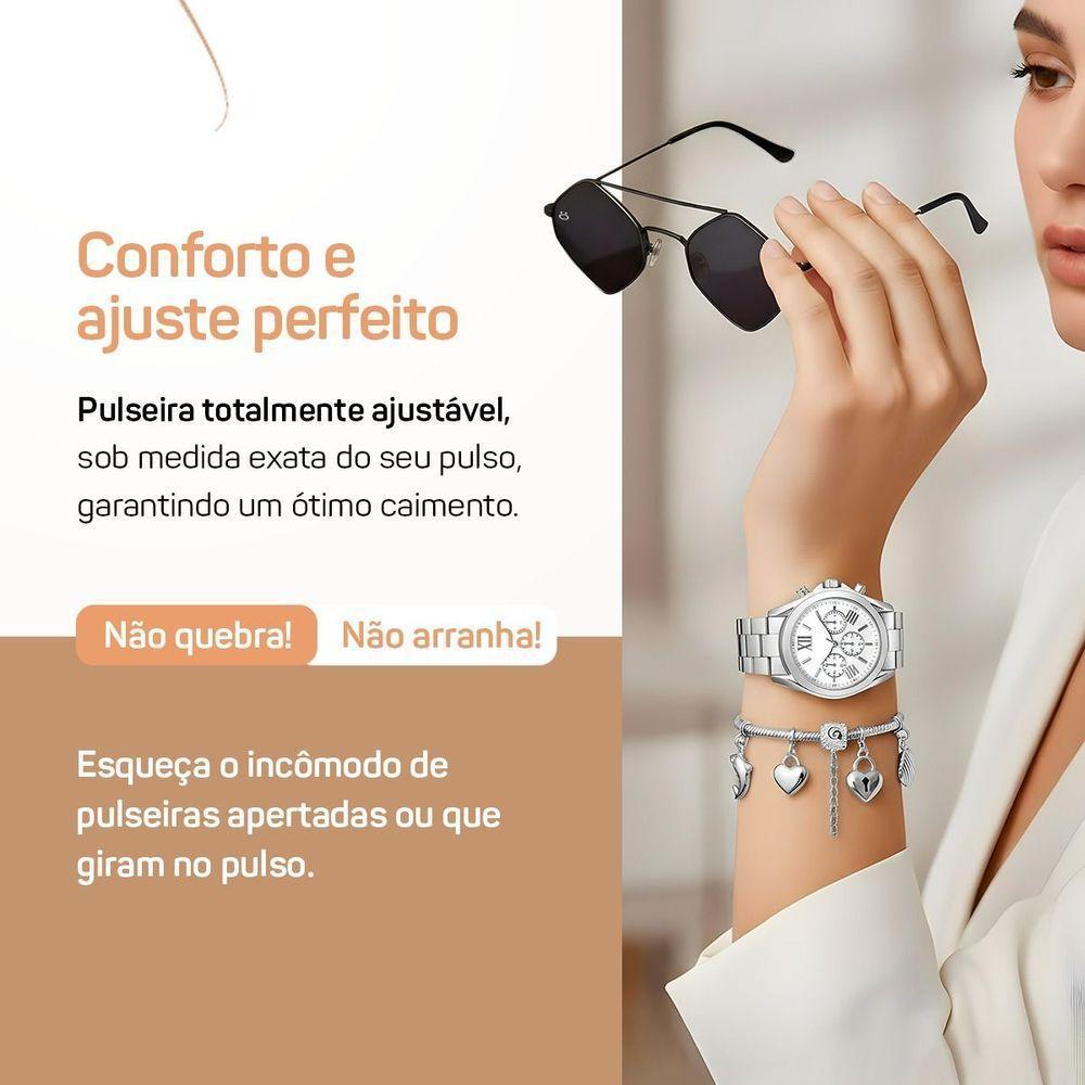 Relogio Aco Inox Feminino Prata Oculos + Pulseira Caixa Losango Pingente Original Casual Protecao Uv - 2