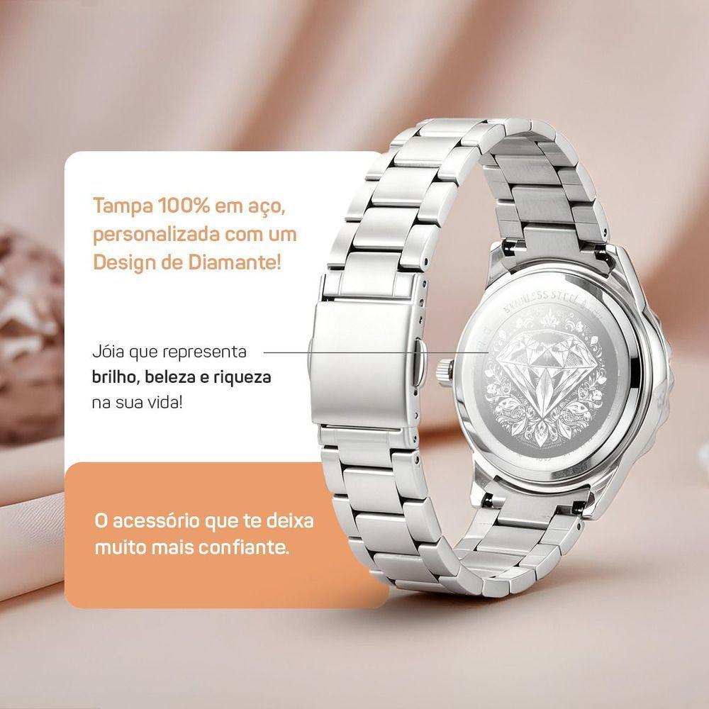 Relogio Aco Inox Feminino Prata Oculos + Pulseira Caixa Losango Pingente Original Casual Protecao Uv - 5