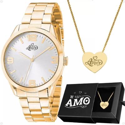 Relogio Feminino Aço Dourado + Colar Coração Amor + Caixa Presente Social Inoxidavel Original Moda
