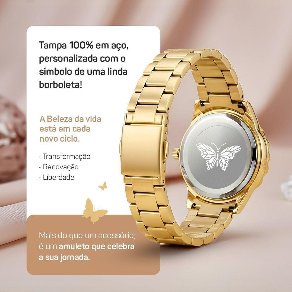 Relogio Banhado Aco Inox Feminino + Pulseira Colar + Caixa Original Perola Casual Ajustavel Moda - 6