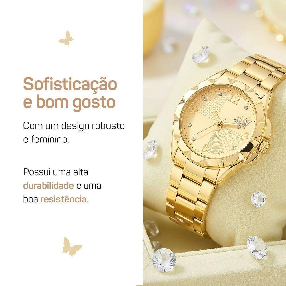 Relogio Banhado Aco Inox Feminino + Pulseira Colar + Caixa Original Perola Casual Ajustavel Moda - 7