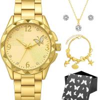 Relogio Banhado Aco Inox Feminino + Pulseira Colar + Caixa Original Perola Casual Ajustavel Moda - 1