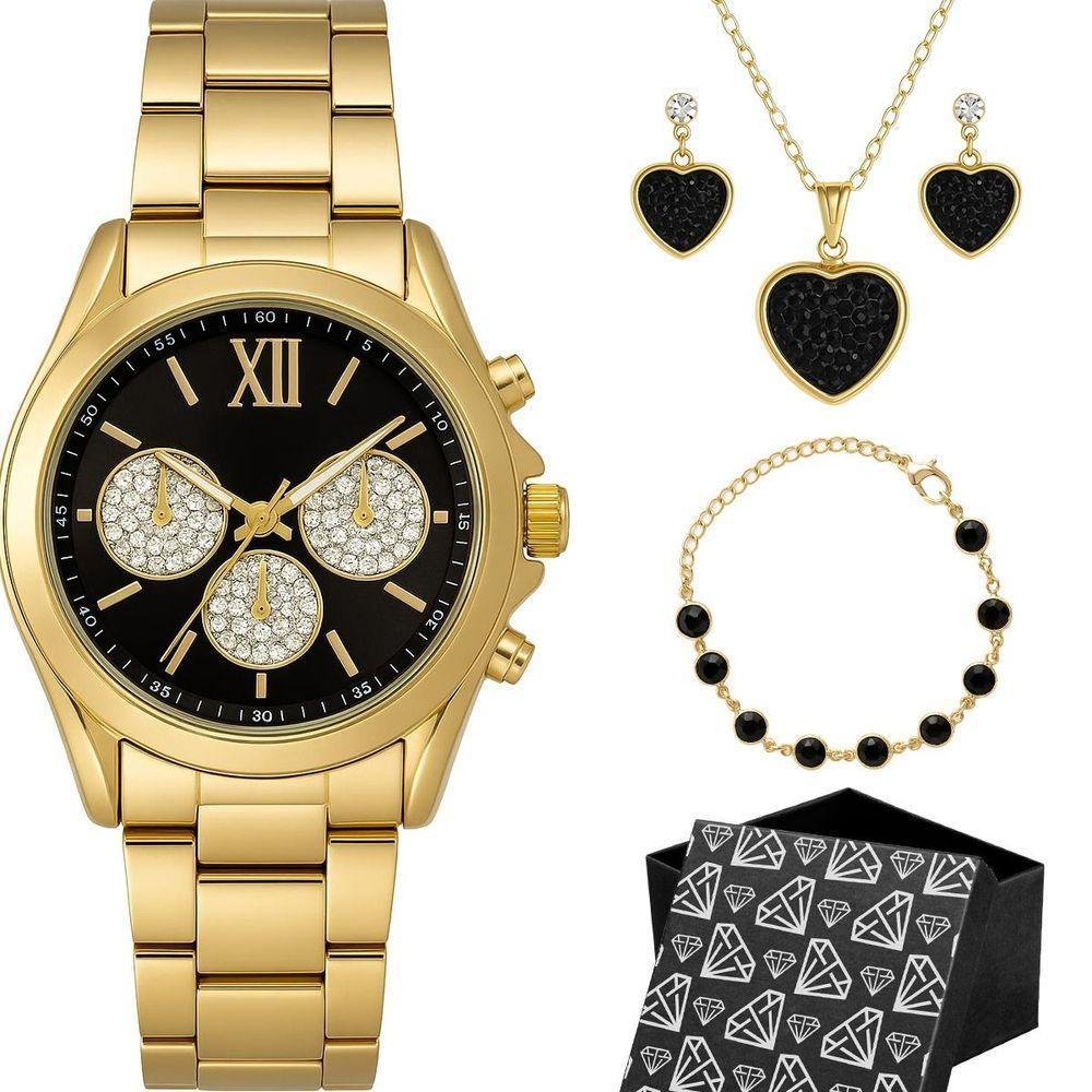 Relogio Dourado Feminino Aco Inox + Caixa + Pulseira Oculos Preto Casual Losango Qualidade Premium - 1