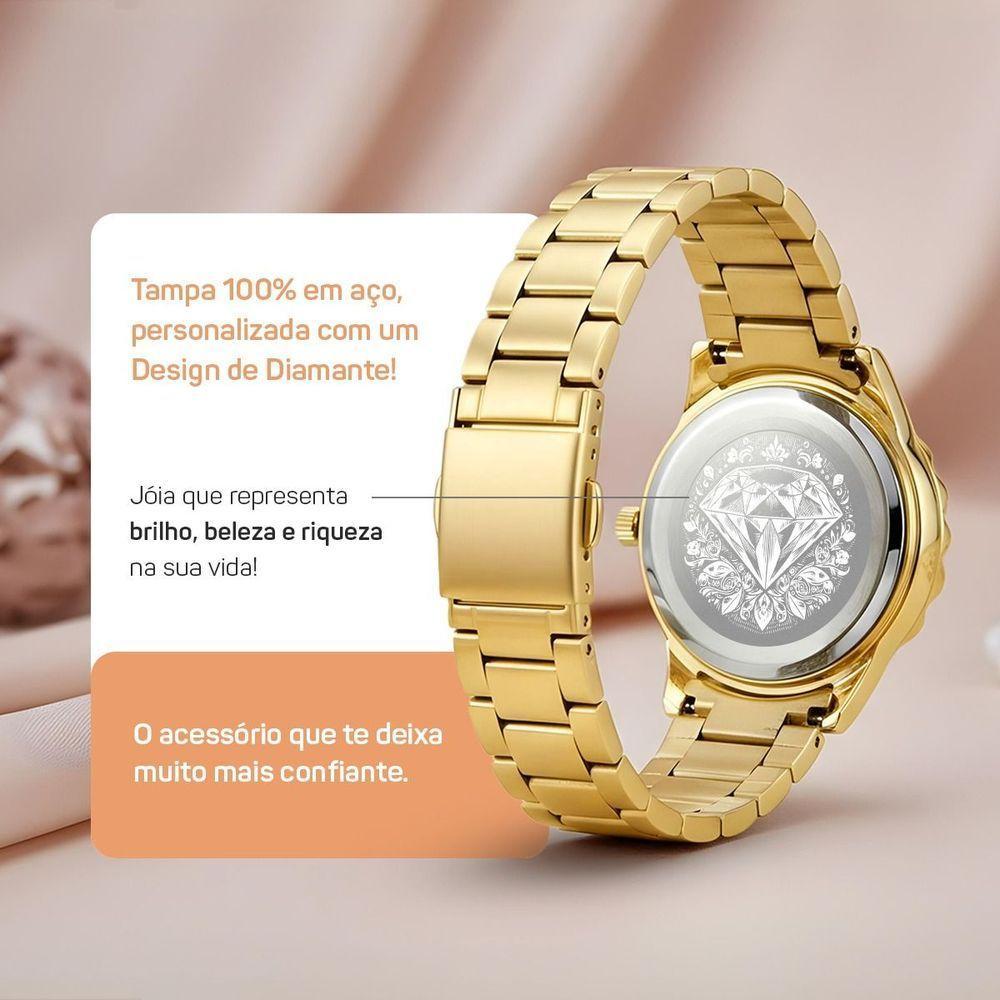 Relogio Dourado Feminino Aco Inox + Caixa + Pulseira Oculos Preto Casual Losango Qualidade Premium - 5