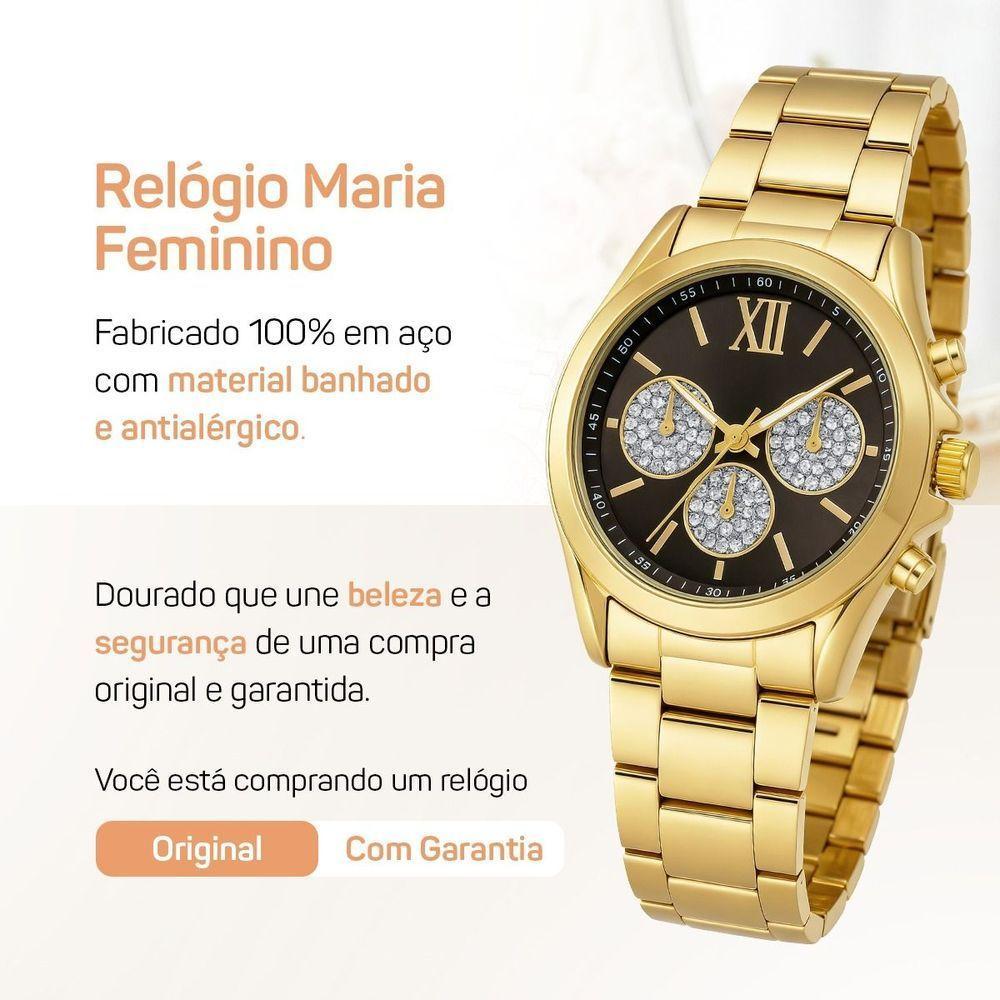 Relogio Dourado Feminino Aco Inox + Caixa + Pulseira Oculos Preto Casual Losango Qualidade Premium - 6