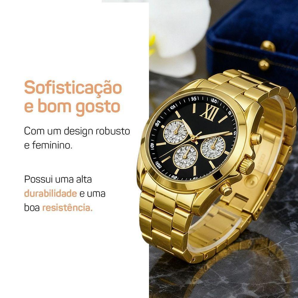 Relogio Dourado Feminino Aco Inox + Caixa + Pulseira Oculos Preto Casual Losango Qualidade Premium - 7