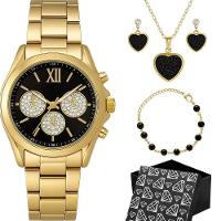 Relogio Dourado Feminino Aco Inox + Caixa + Pulseira Oculos Preto Casual Losango Qualidade Premium - 1