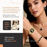 Relogio Dourado Feminino Aco Inox + Caixa + Pulseira Oculos Preto Casual Losango Qualidade Premium