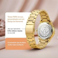 Relogio Dourado Feminino Aco Inox + Caixa + Pulseira Oculos Preto Casual Losango Qualidade Premium - 5