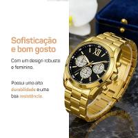 Relogio Dourado Feminino Aco Inox + Caixa + Pulseira Oculos Preto Casual Losango Qualidade Premium - 7