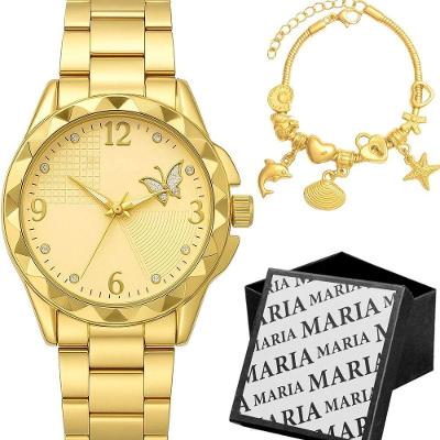 Relogio Feminino Aco Dourado Prova Dagua + Caixa Social Qualidade Premium Resistente Moda Presente